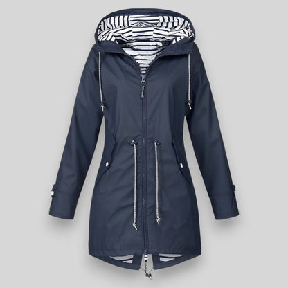 Women's hooded rain jacket with long sleeves, zip front and striped lining