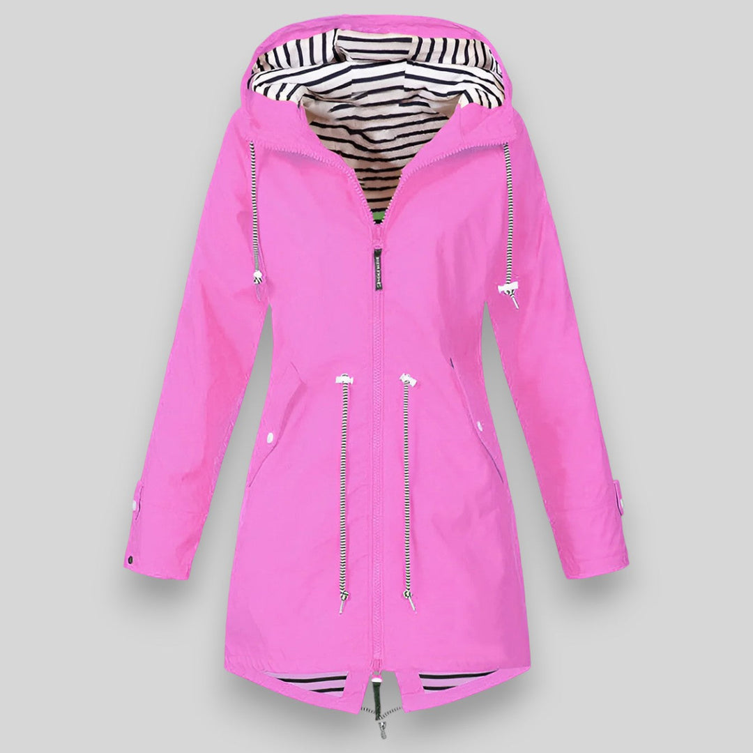 Women's hooded rain jacket with long sleeves, zip front and striped lining