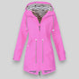 Women's hooded rain jacket with long sleeves, zip front and striped lining