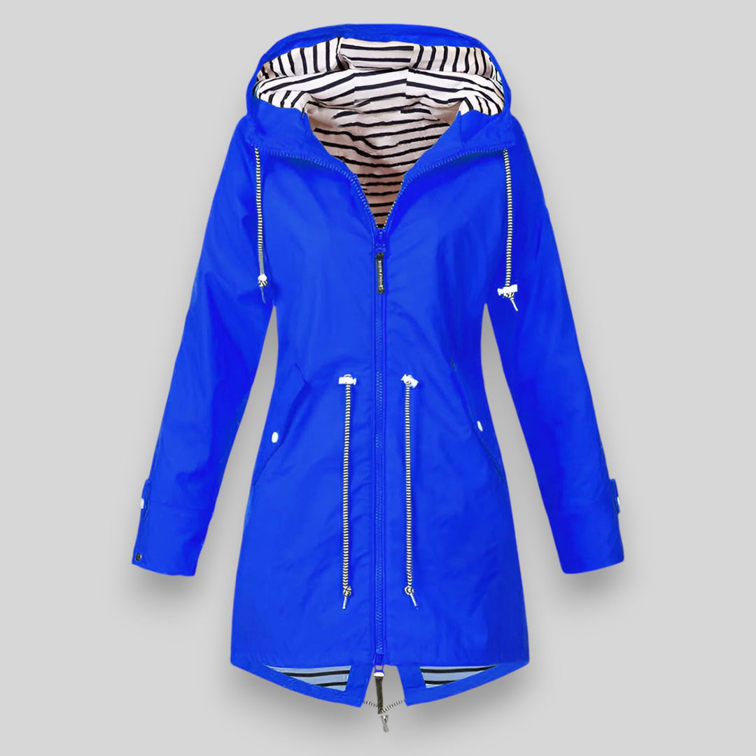 Women's hooded rain jacket with long sleeves, zip front and striped lining