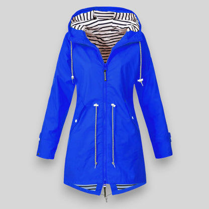 Women's hooded rain jacket with long sleeves, zip front and striped lining