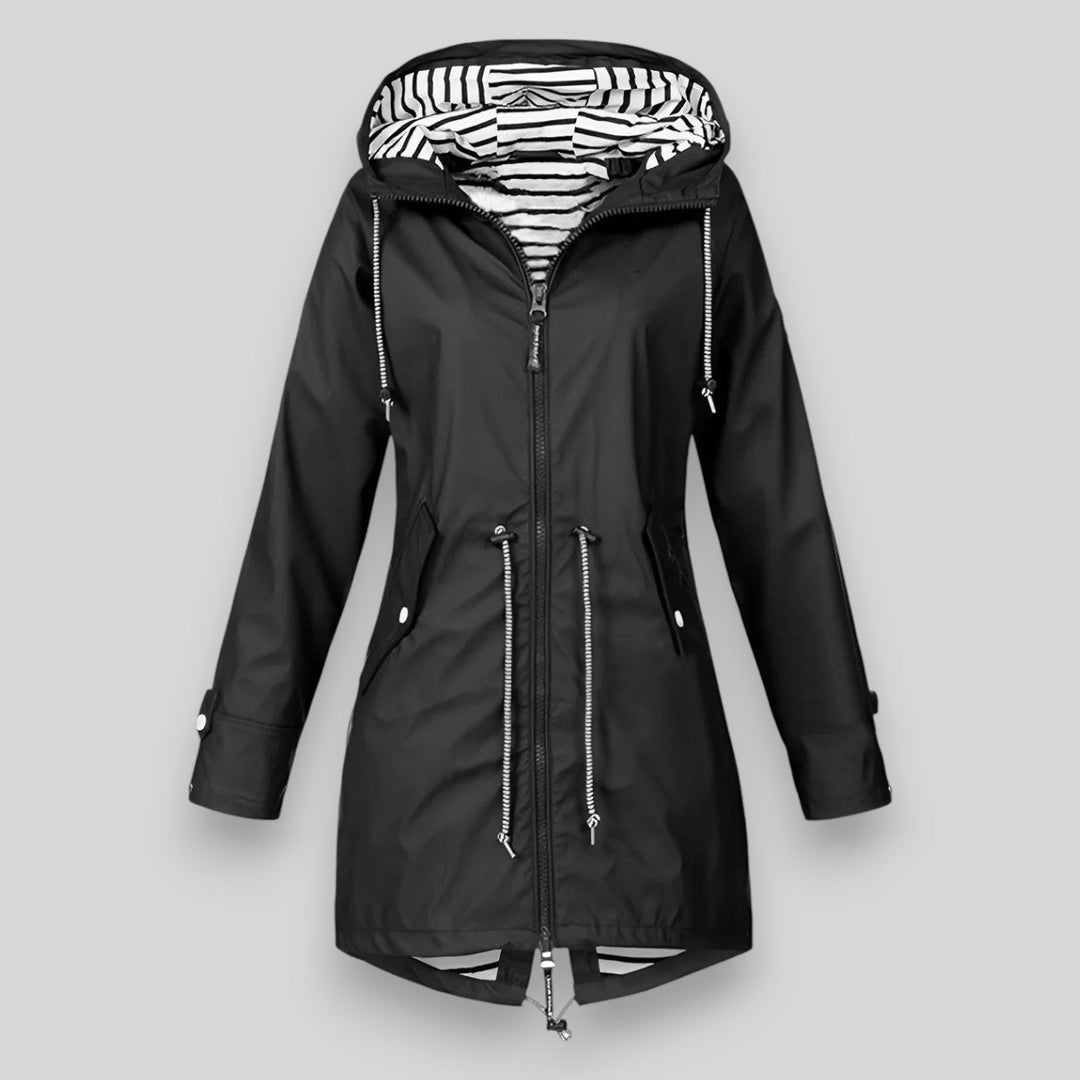 Women's hooded rain jacket with long sleeves, zip front and striped lining
