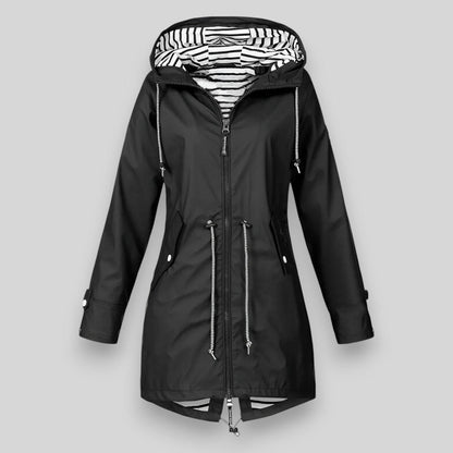 Women's hooded rain jacket with long sleeves, zip front and striped lining