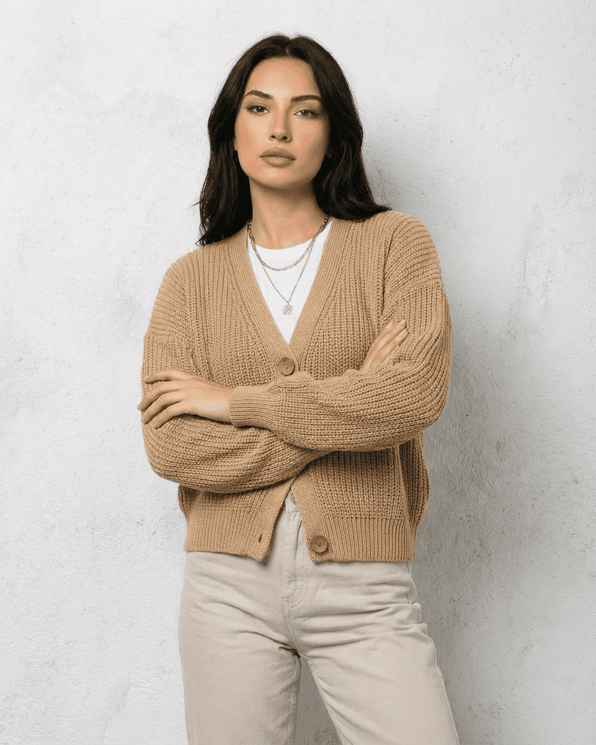 Women's beige textured V-neck cardigan with buttons and long sleeves