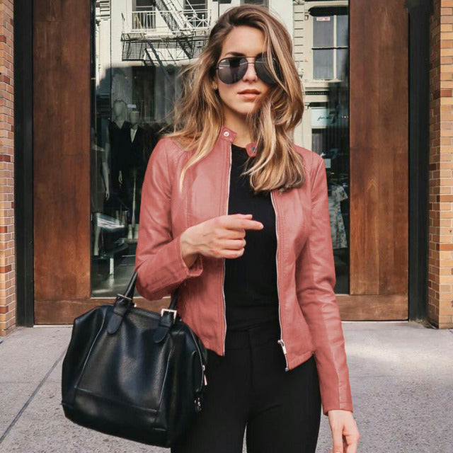 Women's fitted jacket with stand collar and front zip fastening