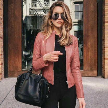 Women's fitted jacket with stand collar and front zip fastening