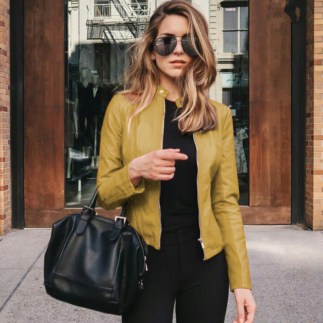 Women's fitted jacket with stand collar and front zip fastening