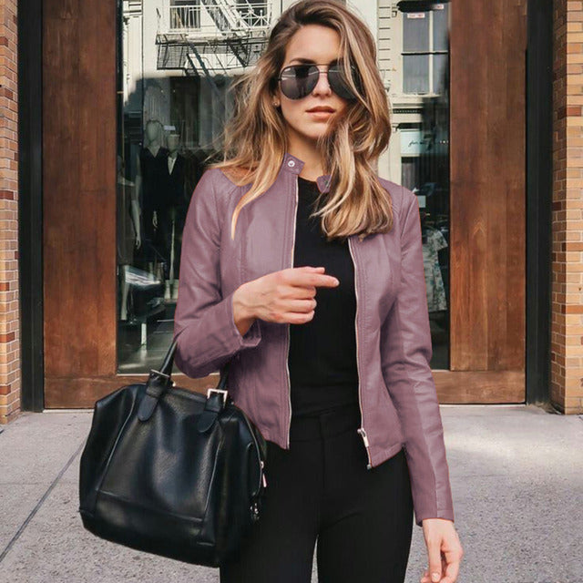 Women's fitted jacket with stand collar and front zip fastening