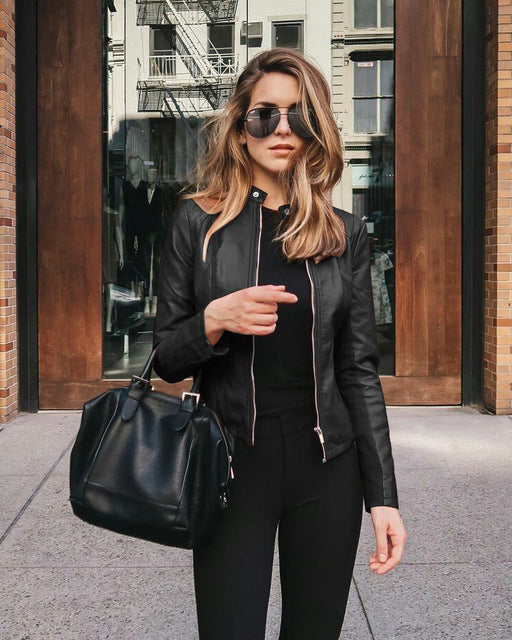 Women's fitted jacket with stand collar and front zip fastening