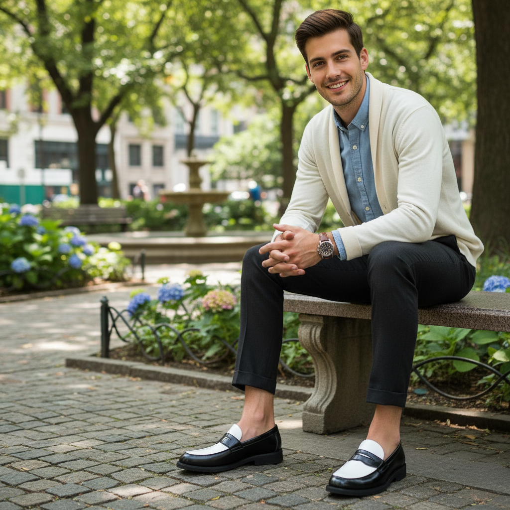 Men's contrast panel loafers with square toes and low heels