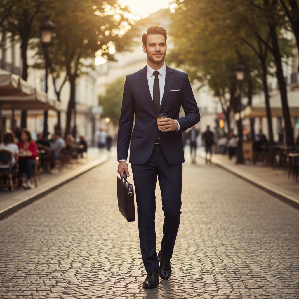 Men's tailored two piece suit with notch lapel jacket and matching trousers