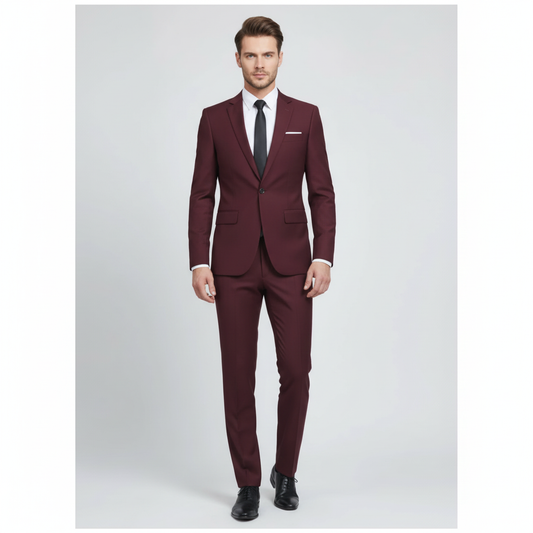 Men's tailored two piece suit with notch lapel jacket and matching trousers