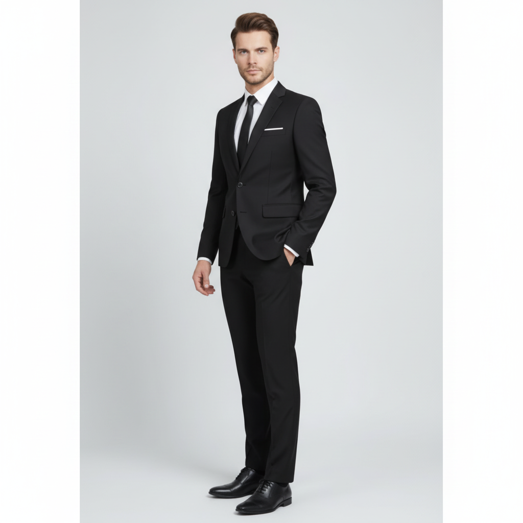 Men's tailored two piece suit with notch lapel jacket and matching trousers