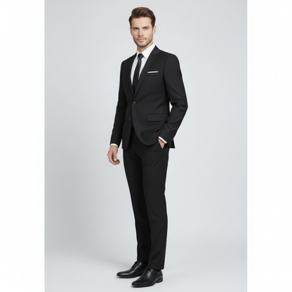 Men's tailored two piece suit with notch lapel jacket and matching trousers