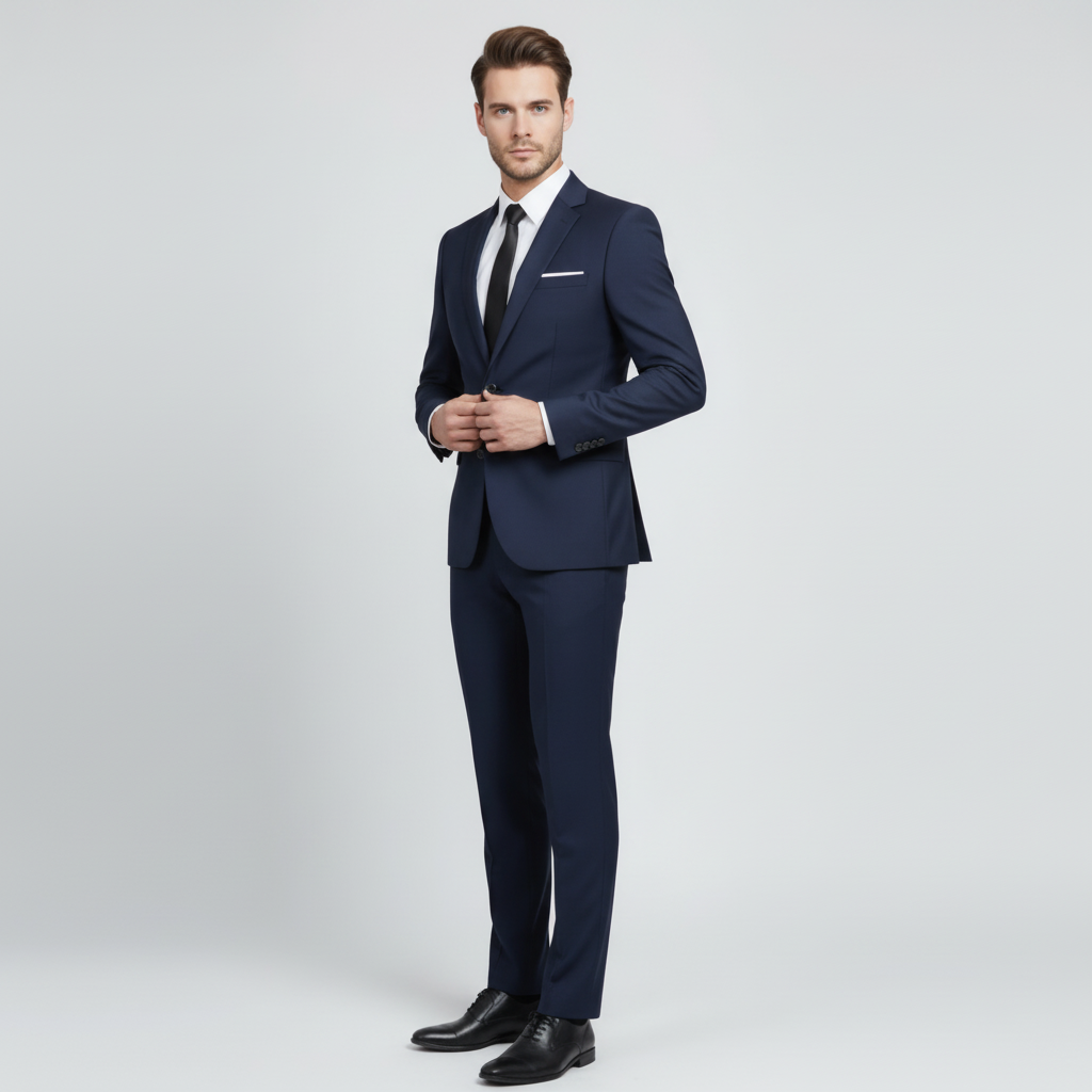 Men's tailored two piece suit with notch lapel jacket and matching trousers