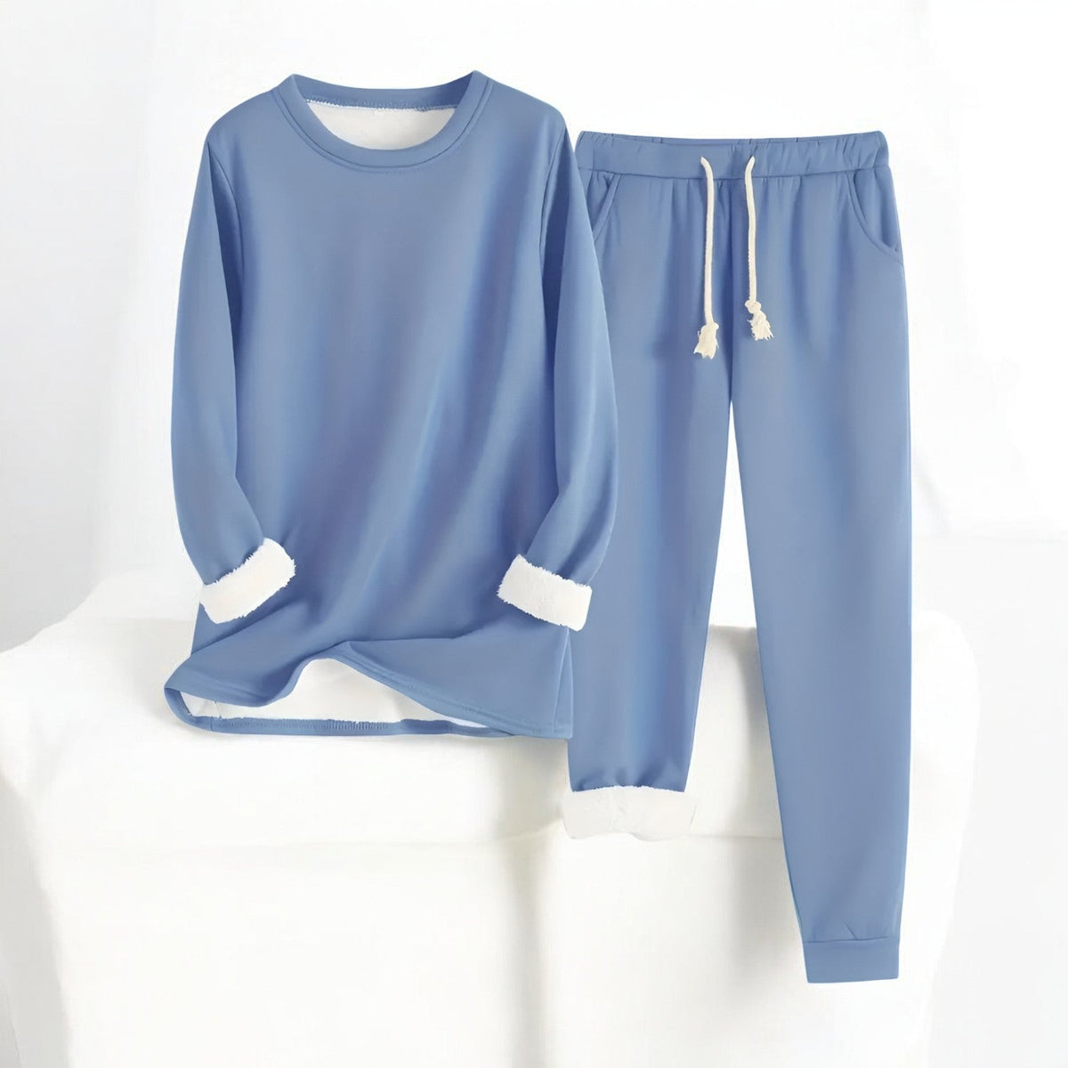 Long-sleeve crew neck sweatshirt and matching drawstring joggers with cuffed hems