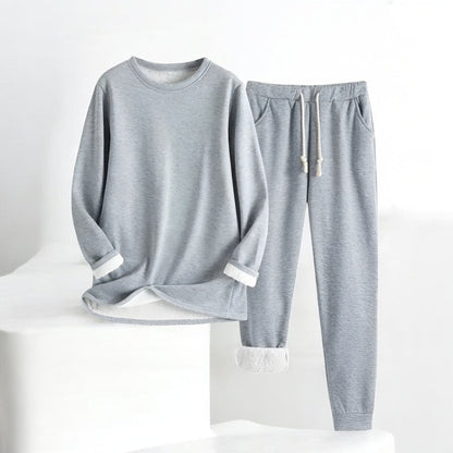 Long-sleeve crew neck sweatshirt and matching drawstring joggers with cuffed hems