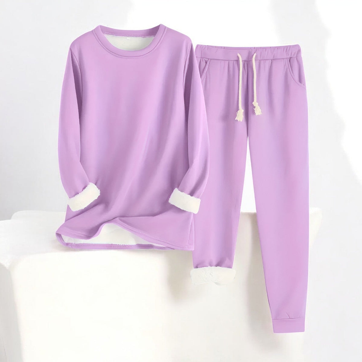 Long-sleeve crew neck sweatshirt and matching drawstring joggers with cuffed hems