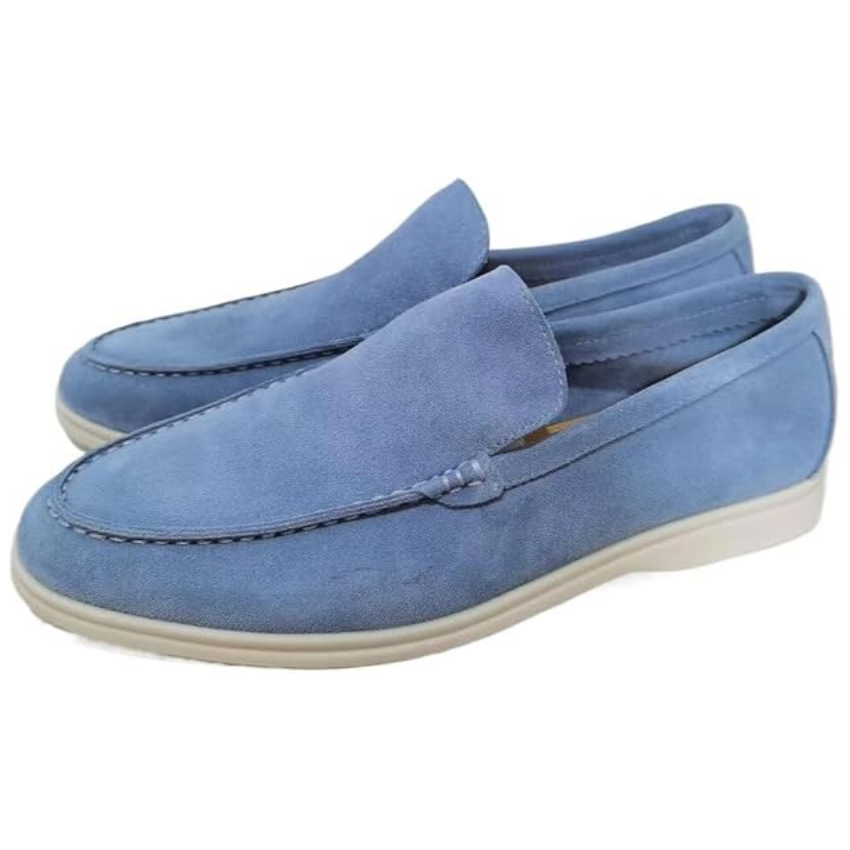 Men's slip-on moc toe loafers with stitched trim and light soles