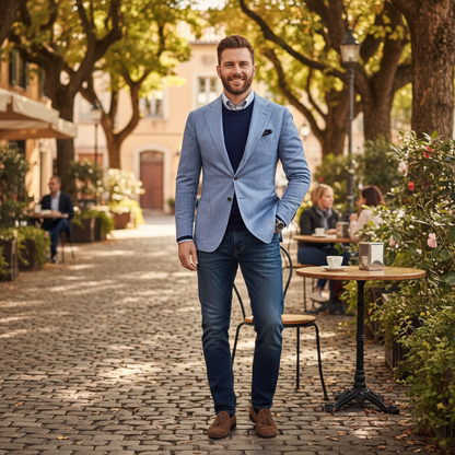 Men's notch-lapel button-front blazer with chest and flap pockets