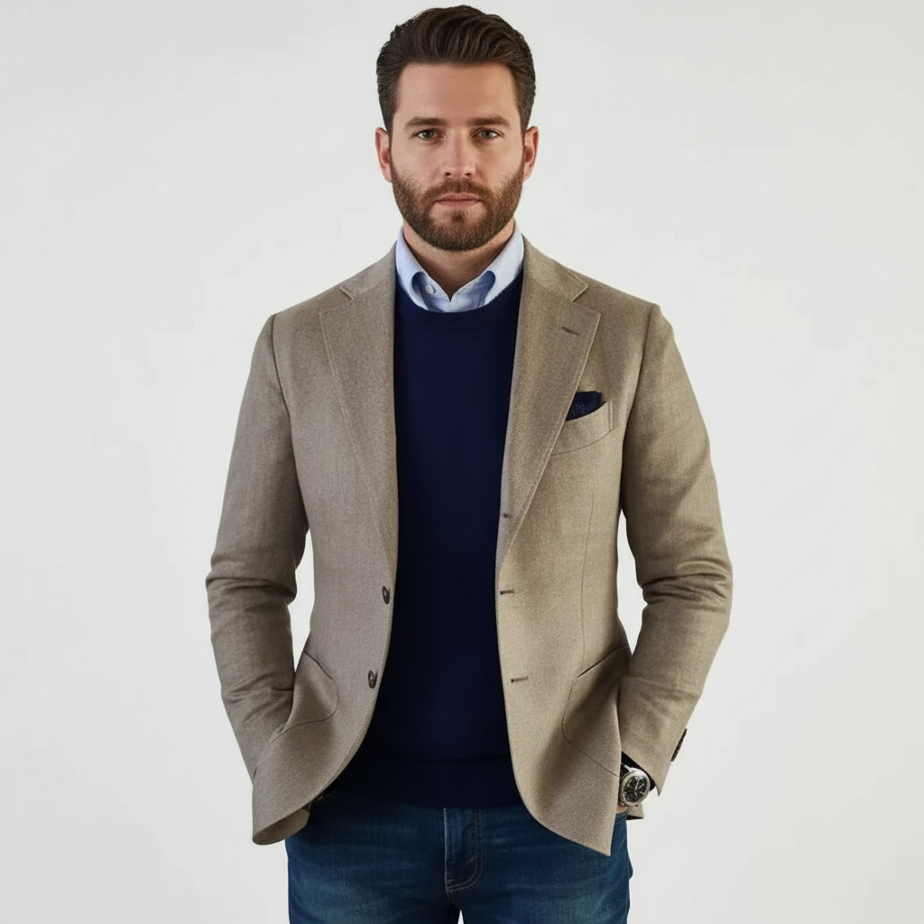Men's notch-lapel button-front blazer with chest and flap pockets