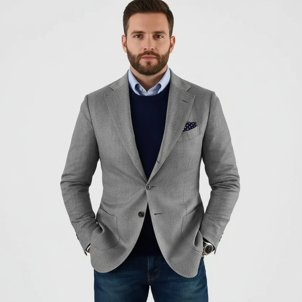 Men's notch-lapel button-front blazer with chest and flap pockets
