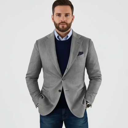 Men's notch-lapel button-front blazer with chest and flap pockets
