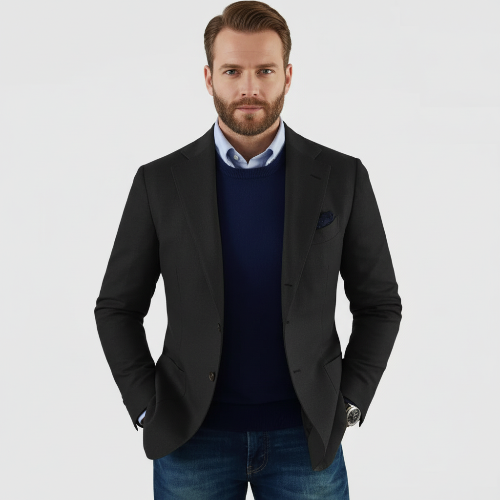 Men's notch-lapel button-front blazer with chest and flap pockets