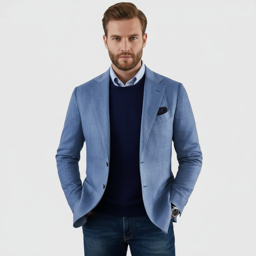 Men's notch-lapel button-front blazer with chest and flap pockets