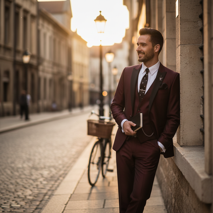 Men's three piece suit with contrast trim, notch lapel, waistcoat and matching trousers