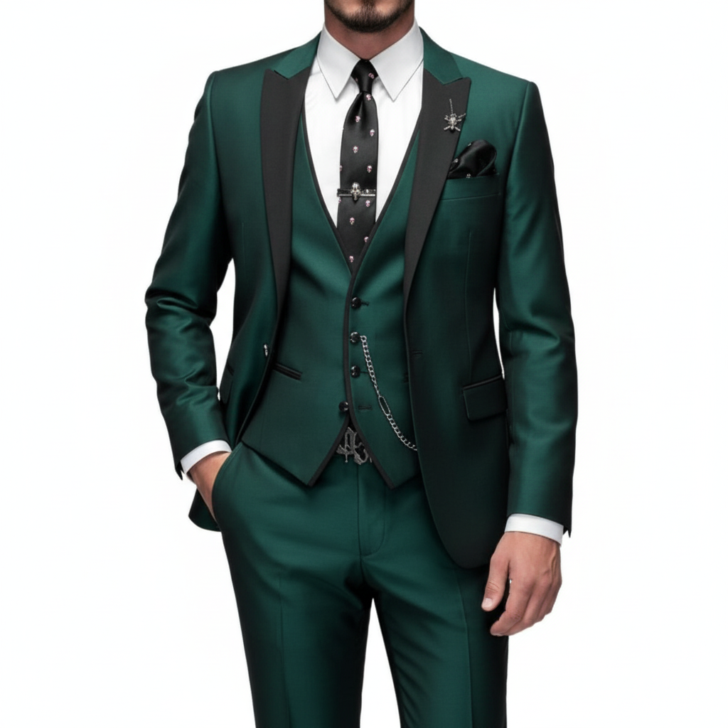 Men's three piece suit with contrast trim, notch lapel, waistcoat and matching trousers