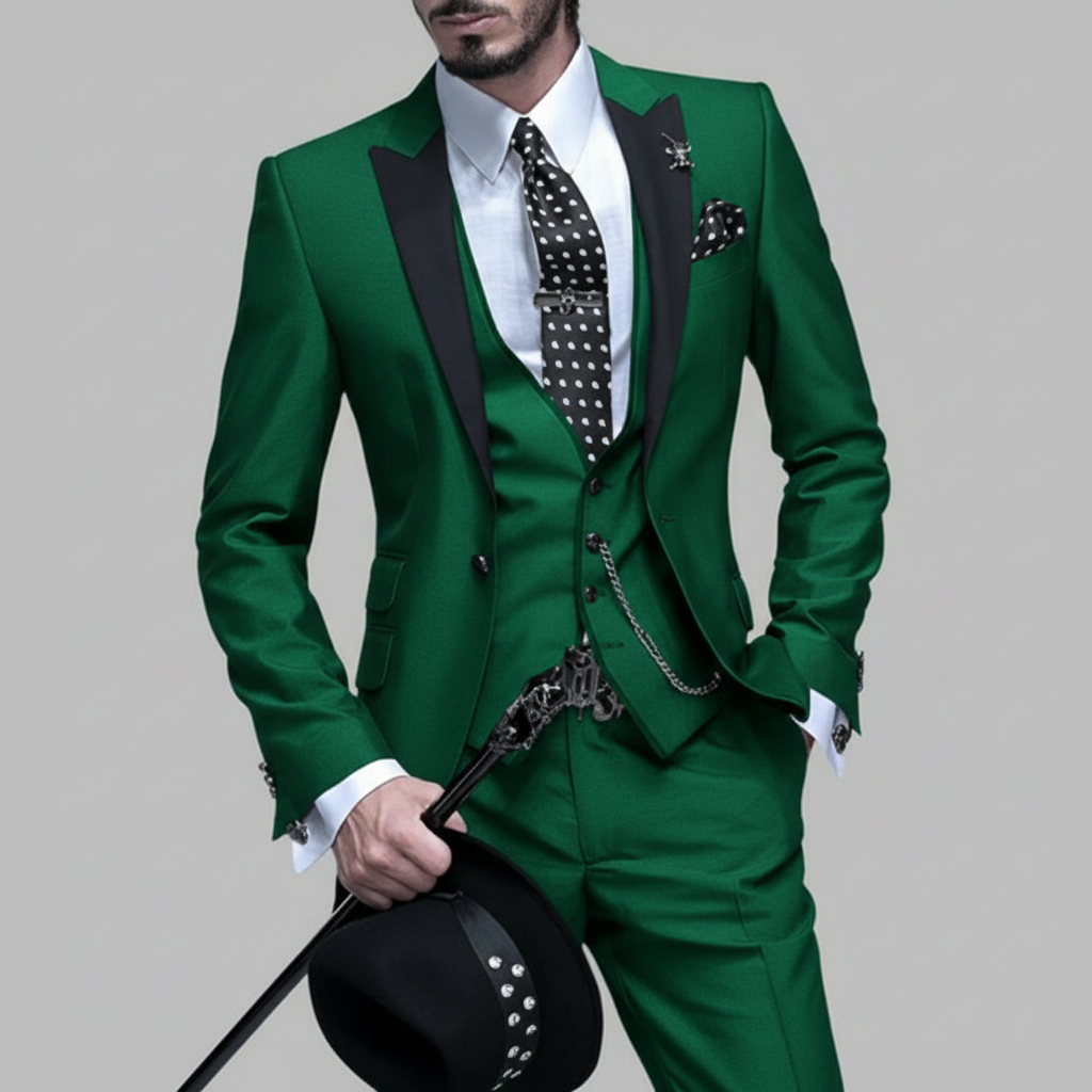 Men's three piece suit with contrast trim, notch lapel, waistcoat and matching trousers