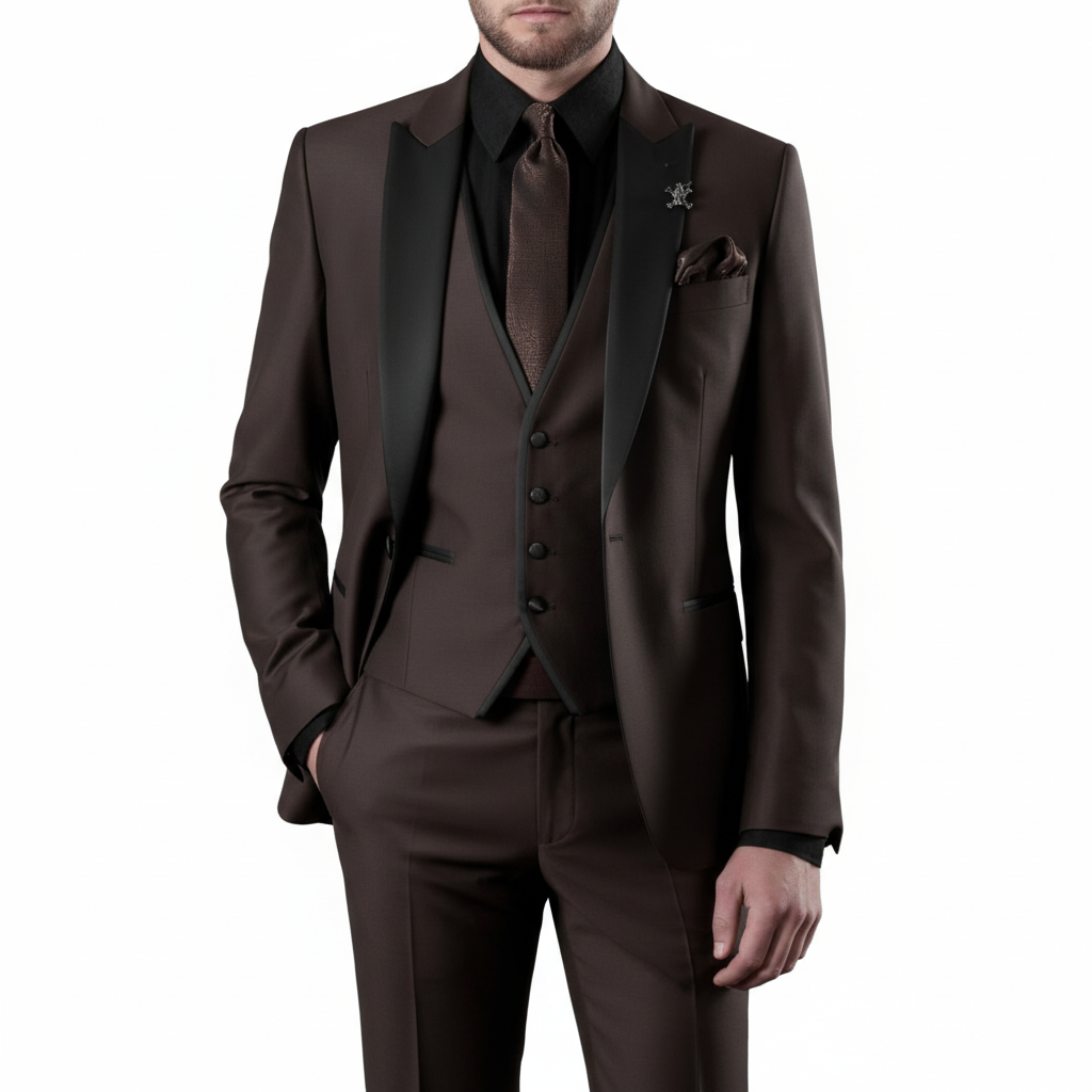 Men's three piece suit with contrast trim, notch lapel, waistcoat and matching trousers