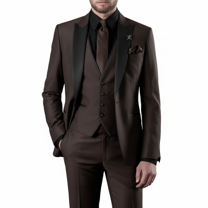 Men's three piece suit with contrast trim, notch lapel, waistcoat and matching trousers