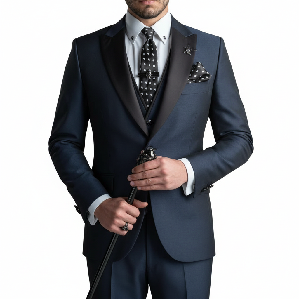 Men's three piece suit with contrast trim, notch lapel, waistcoat and matching trousers