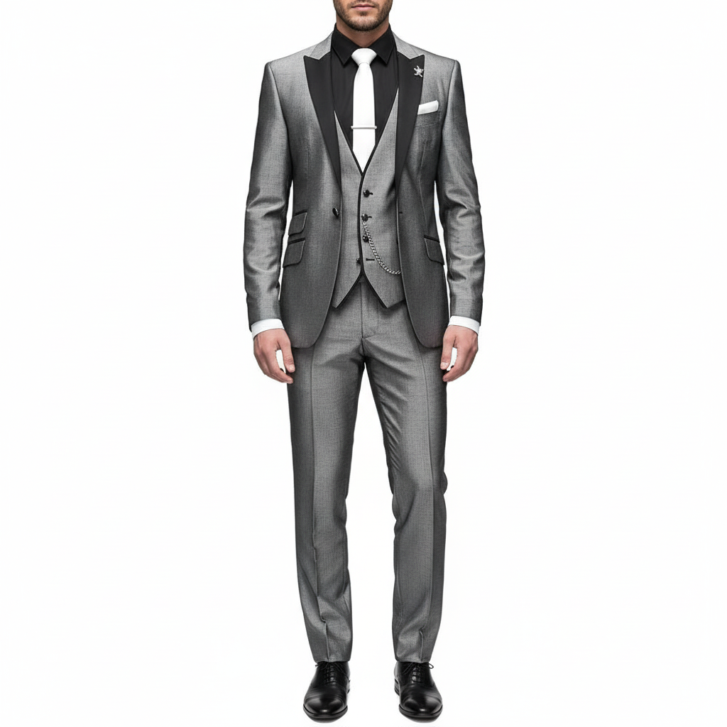 Men's three piece suit with contrast trim, notch lapel, waistcoat and matching trousers