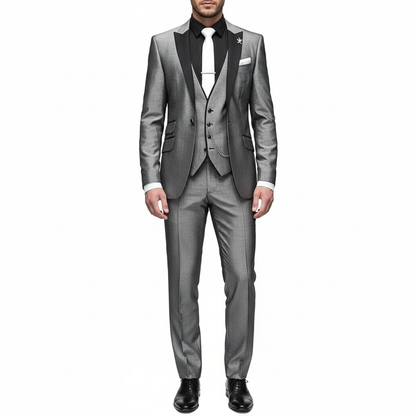 Men's three piece suit with contrast trim, notch lapel, waistcoat and matching trousers