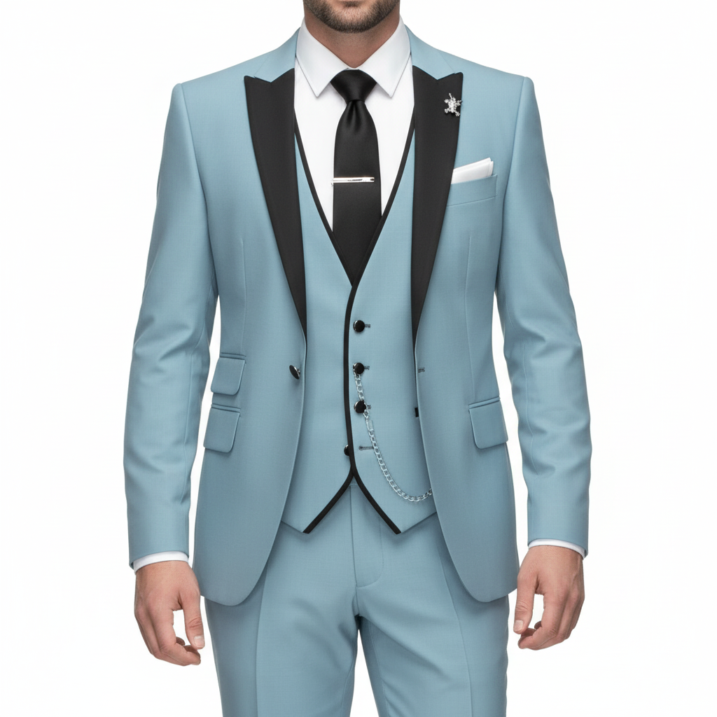 Men's three piece suit with contrast trim, notch lapel, waistcoat and matching trousers