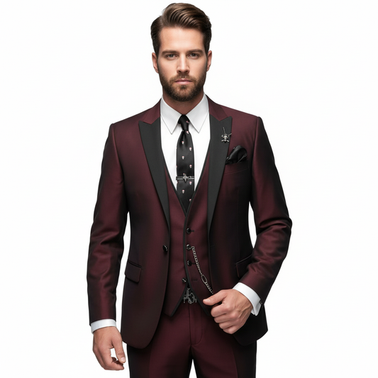 Men's three piece suit with contrast trim, notch lapel, waistcoat and matching trousers
