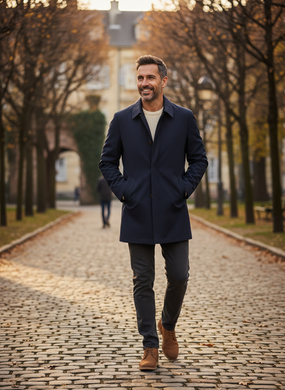Men's button-front trench coat with pointed collar and side pockets
