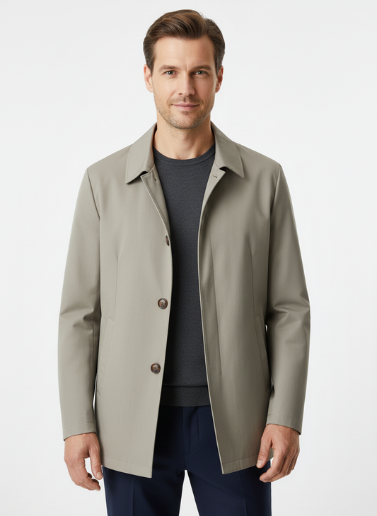 Men's button-front trench coat with pointed collar and side pockets