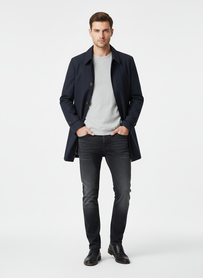 Men's button-front trench coat with pointed collar and side pockets