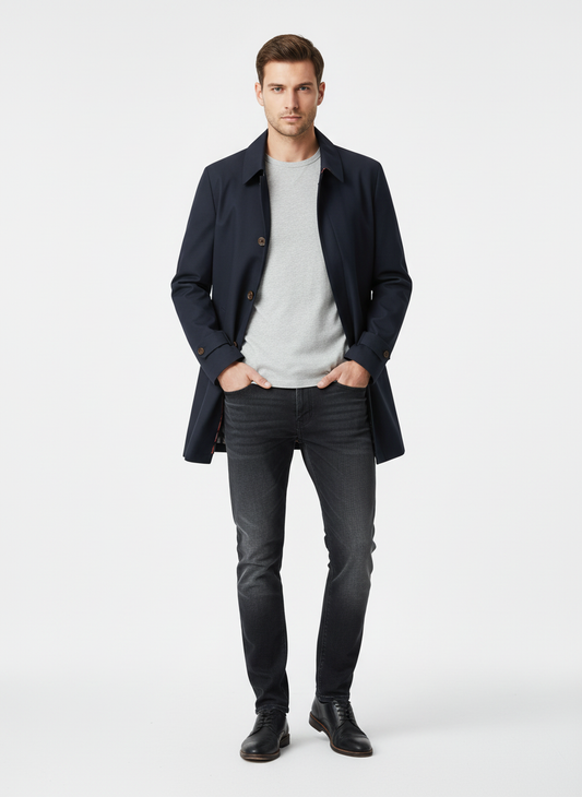 Men's button-front trench coat with pointed collar and side pockets