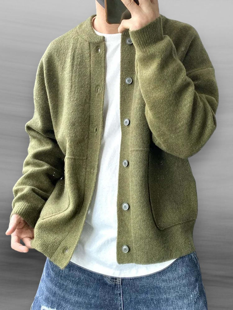 Men's plain button-front cardigan sweater with crew neck, long sleeves and front patch pockets