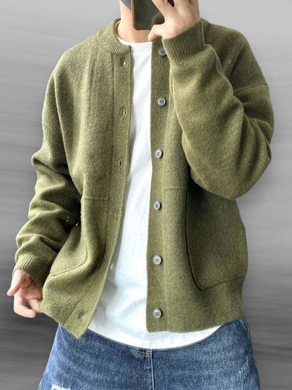 Men's plain button-front cardigan sweater with crew neck, long sleeves and front patch pockets
