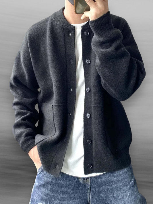 Men's plain button-front cardigan sweater with crew neck, long sleeves and front patch pockets