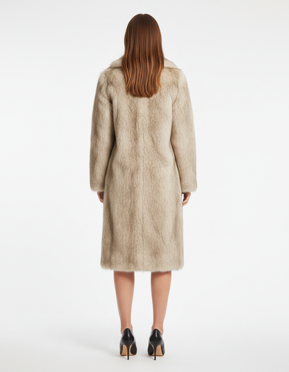 Women's beige faux fur longline coat with wide collar and long sleeves