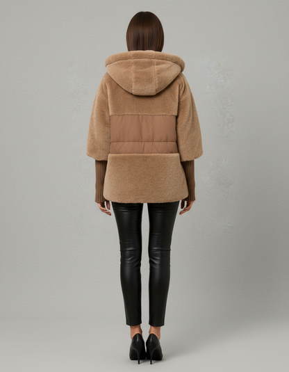 Women's hooded textured panel jacket with quilted sections and ribbed cuffs