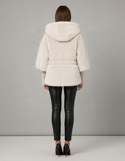 Women's hooded textured panel jacket with quilted sections and ribbed cuffs