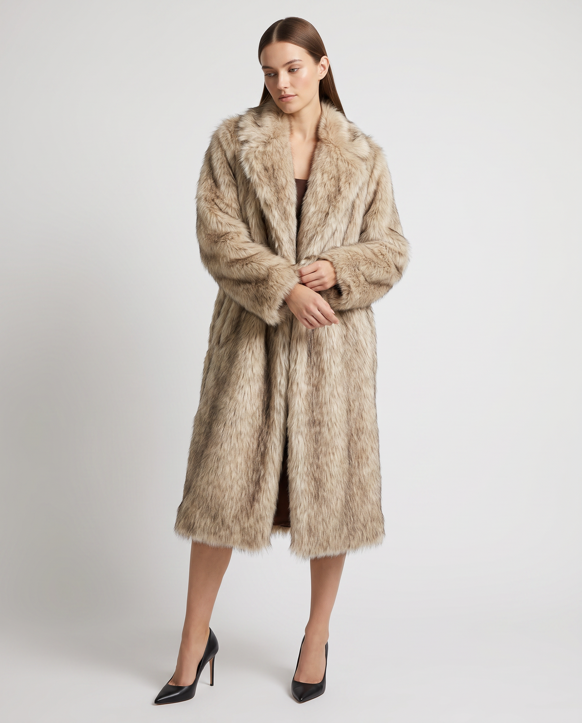 Women's beige faux fur longline coat with wide collar and long sleeves